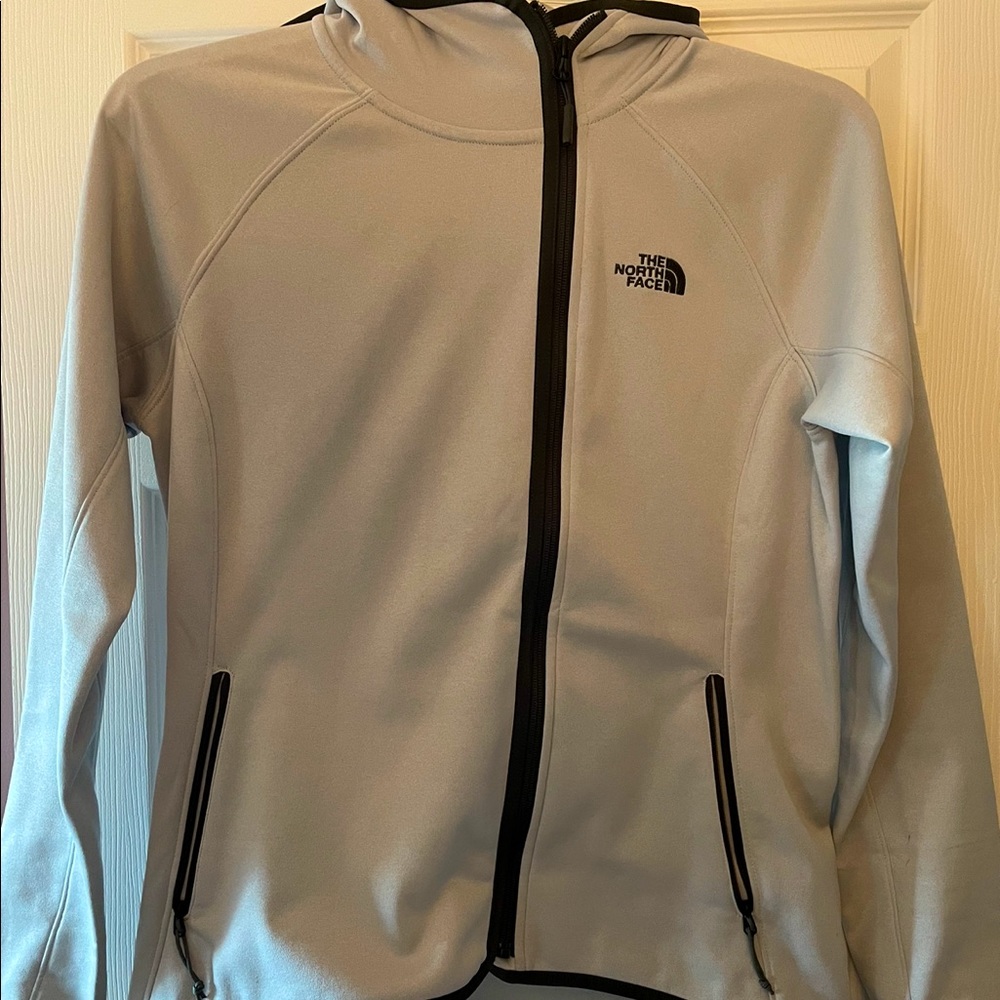 The North Face Women's Light Gray Hooded Softshell Jacket with Black Trim